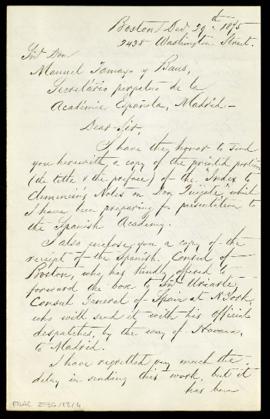 Carta de Charles Frederick Bradford a Manuel Tamayo y Baus, secretario, con la que le envía una c...