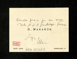 Tarjeta de G. Marañón en la que agradece a Melchor Fernández Almagro su ensayo sobre N. S. de Gua...