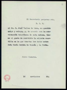 Copia sin firma del besalamano del secretario, Julio Casares, a José Carlos de Luna con el que le...