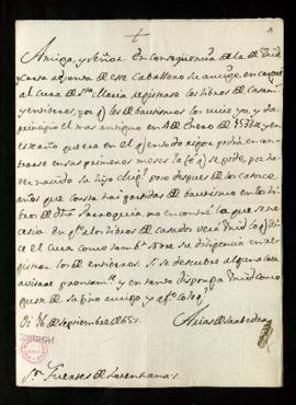 Carta de Arias de Saavedra a Fuentes de Lorenzana en la que indica que ha registrado los libros d...