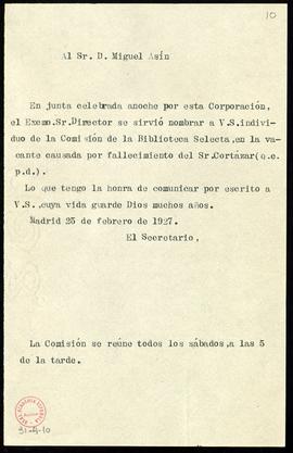 Copia sin firma del oficio del secretario a Miguel Asín de traslado de su nombramiento como indiv...