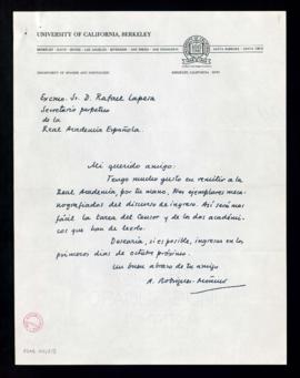 Carta de Antonio Rodríguez-Moñino a Rafael Lapesa, secretario, para informarle del envío de tres ...
