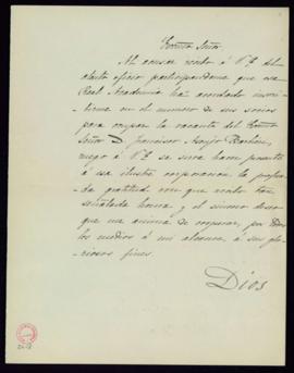 Carta de S[egismundo] Moret al secretario [Manuel Tamayo y Baus] de agradecimiento a la Academia ...