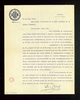 Carta de Luis Civil Preciados, director de Casal Catalá, al director en la que le pide la cesión ...