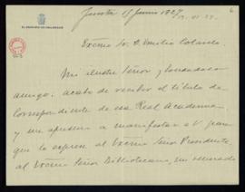 Carta de Francisco Mendizábal a Emilio Cotarelo en la que acusa recibo del título de correspondie...