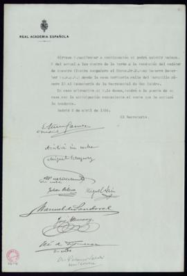 Consulta del secretario [Emilio Cotarelo] a los académicos sobre su asistencia al cortejo fúnebre...