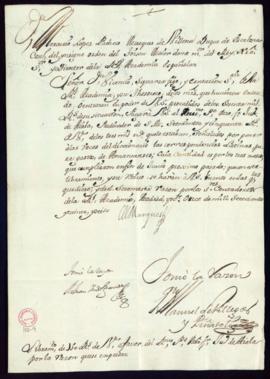 Orden del marqués de Villena de libramiento a favor de Juan Interián de Ayala de 750 reales de ve...