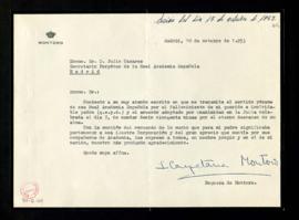 Carta de la duquesa de Montoro a Julio Casares en la que expresa el agradecimiento suyo y de su m...