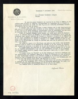 Carta de [M] García Blanco a Melchor Fernández Almagro con la que le remite una lista de treinta ...