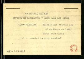 Nota sobre la emisión del viernes, 28 de marzo de 1949 en Radio Nacional: Florentina del Mar. Rev...