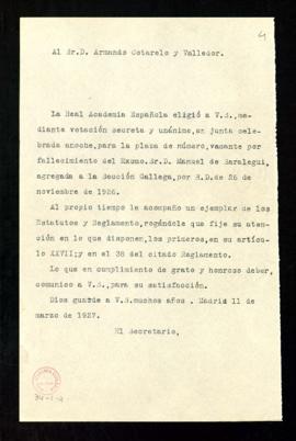 Oficio sin firma del secretario [Emilio Cotarelo] a Armando Cotarelo y Valledor de comunicación d...