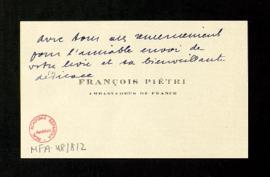 Tarjeta de François Piétri, embajador de Francia, en la que agradece a Melchor Fernández Almagro ...