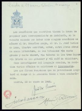 Propuesta de José Carlos de Luna como académico correspondiente en Andalucía, en la vacante causa...