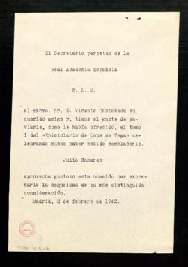 Copia del besalamano de Julio Casares a Vicente Castañeda que acompaña el envío del tomo I del Ep...