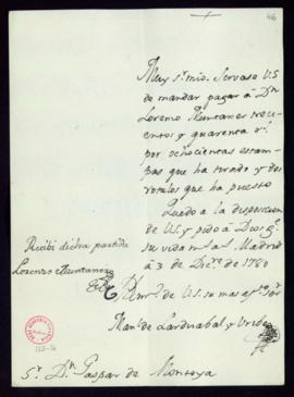 Orden de Manuel de Lardizábal del pago a Lorenzo Muntaner de 340 reales de vellón por el tirado d...