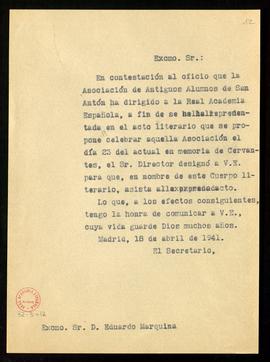Copia sin firma del oficio del secretario a Eduardo Marquina de traslado de su designación como r...