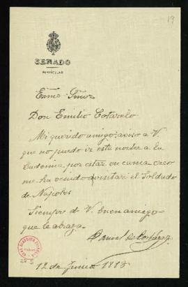Carta de Daniel de Cortázar al secretario [Emilio Cotarelo] en la que excusa su asistencia a la j...