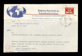 Telegrama de Celia Zaldumbide a los académicos de la Real Academia Española con el ruego de que r...