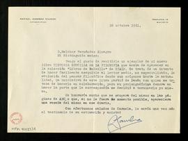 Carta de Rafael Gambra Ciudad a Melchor Fernández Almagro con la que le remite un ejemplar de su ...