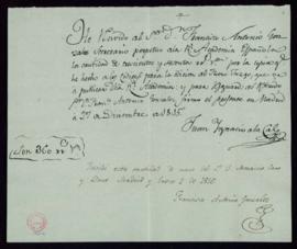 Recibo de Juan Ignacio a la Cal de 360 reales de vellón por la copia de los códices para la edici...