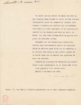 Carta de Joaquín Álvarez Quintero a Emilio Cotarelo, secretario, en la que acusa recibo de la com...