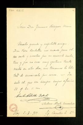 Carta de Emilio Caballero-Infante y Antonio Alcalá Venceslada a Francisco Rodríguez Marín en la q...