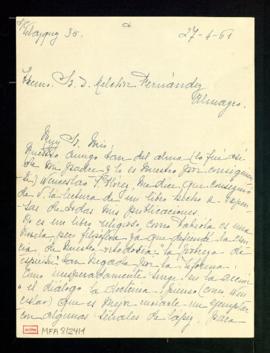 Carta de M.ª Josefa Elizagaray a Melchor Fernández Almagro en la que le ruega que lea la novela q...