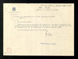Carta del marqués de Lozoya al secretario en la que le informa que tiene la medalla número diecio...