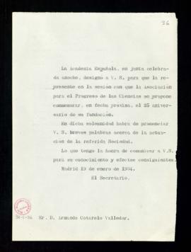 Copia sin firma del oficio del secretario a Armando Cotarelo de traslado de su designación para r...