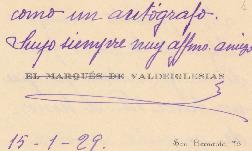 Tarjeta de visita del marqués de Valdeiglesias con la que adjunta la carta solicitada para conser...