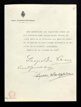 Informe favorable de censura al discurso escrito por Ramón Cabanillas para su recepción en la Aca...