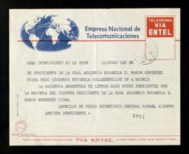 Telegrama de Leonidas de Vedia y Rafael Alberto Arrieta, secretario y presidente de la Academia A...