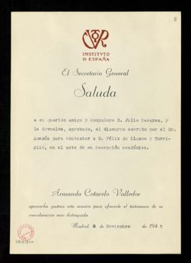 Saluda de Armando Cotarelo Valledor, secretario del Instituto de España, a Julio Casares con el q...