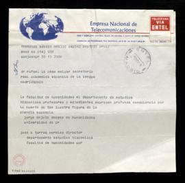 Telegrama de Jorge Enjuto y José A. Torres Morales, decano de Humanidades y director de Estudios ...