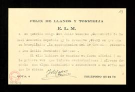 Tarjetón de Félix de Llanos y Torriglia con el que se dirije a Julio Casares y le devuelve con su...