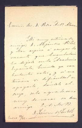 Carta de Antonio Cánovas del Castillo a Pedro Antonio de Alarcón en la que solicita el voto para ...