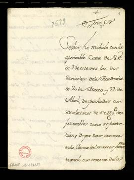 Minuta de la carta de Francisco Antonio de Angulo al duque de Alba en la que acusa recibo de su c...