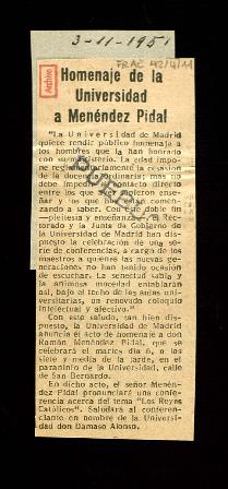 Recorte del diario Pueblo con la noticia Homenaje de la Universidad [de Madrid] a Menéndez Pidal