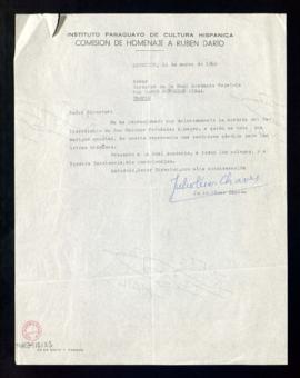 Carta de Julio César Chaves, de la Comisión de homenaje a Rubén Darío del Instituto Paraguayo de ...