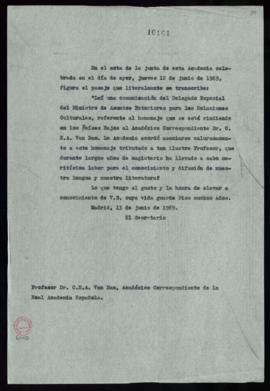 Minuta de la carta del secretario a C. F. A. van Dam en la que transcribe el acuerdo de adhesión ...