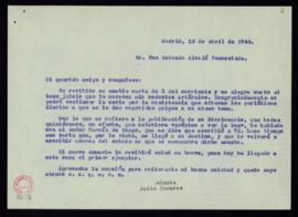 Minuta de la carta de  Julio Casares a Antonio Alcalá Venceslada en la que le agradece la opinión...