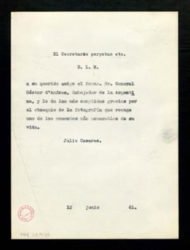 Copia del besalamano de Julio Casares a Héctor d’Andrea, embajador de la República de Argentina, ...