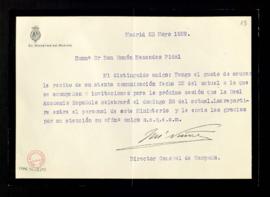 Carta del director general de Campaña a Ramón Menéndez Pidal en la que acusa recibo de las invita...