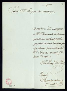 Orden del marqués de Santa Cruz del pago a Fernando Selma de 40 doblones por una lámina para la o...