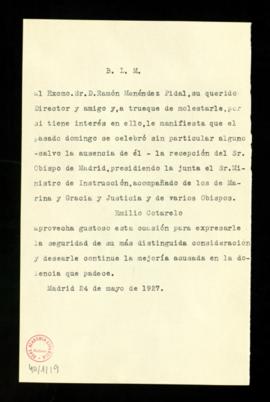 Besalamano de Emilio Cotarelo, secretario, a Ramón Menéndez Pidal en el que le pone al corriente ...