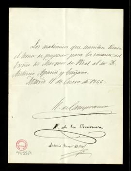Propuesta de Antonio Aparisi y Guijarro para ocupar la vacante del marqués de Pidal