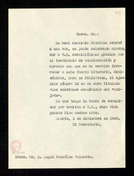 Copia del oficio del secretario a Ángel González Palencia de traslado del agradecimiento de la ju...