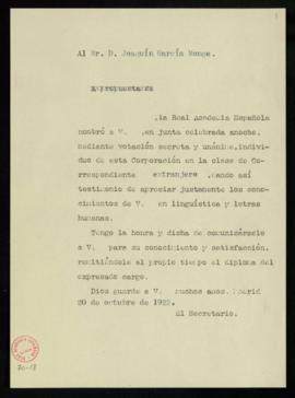 Minuta del oficio a Joaquín García Monge de comunicación de su nombramiento como académico corres...