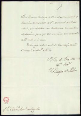 Carta del duque de Alba a Francisco Antonio Angulo con la que adjunta el memorial y la relación d...