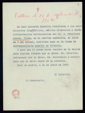 Copia sin firma del diploma de Francisco Almela y Vives de académico correspondiente español en V...